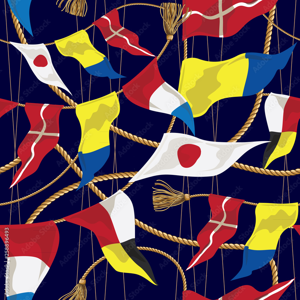 Navy pattern with flags and ropes on blue background. Seamless pattern