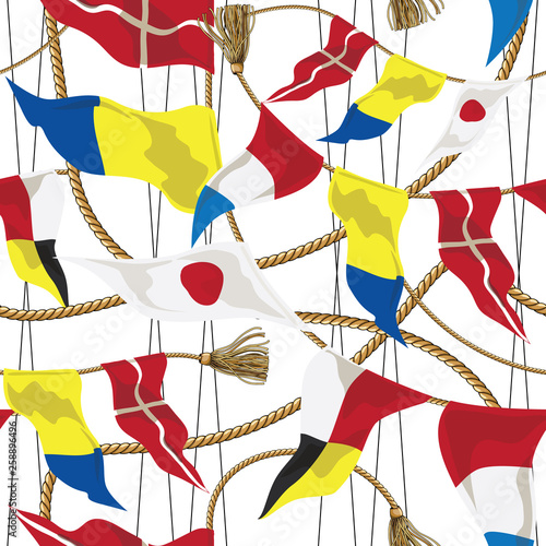 Modern seamless pattern in nautical style. Multicolored flags on a white background.  Vector illustration
