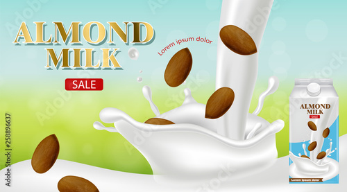 Almond milk vector realistic. Product placement advertise. Splash milk pourin...