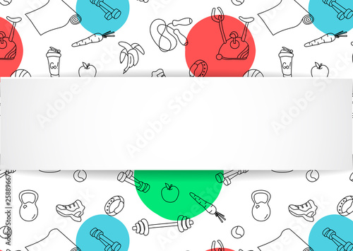 Fitness banner with hand drawn gym pattern and 3d paper plate. Doodle icons for workout and exercise. Sport lifestyle line art. Stylish fitness banner for sales, special offers, flyers and ad.