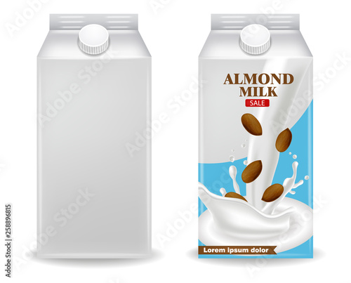 Almond milk Vector realistic product box. Label template design. Natural vega...