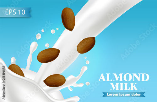 Almond milk vector realistic. Splash milk pouring. Label template design. Nat...