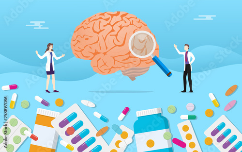 human brain medicine health pills drug capsule treatment with doctor analysis - vector