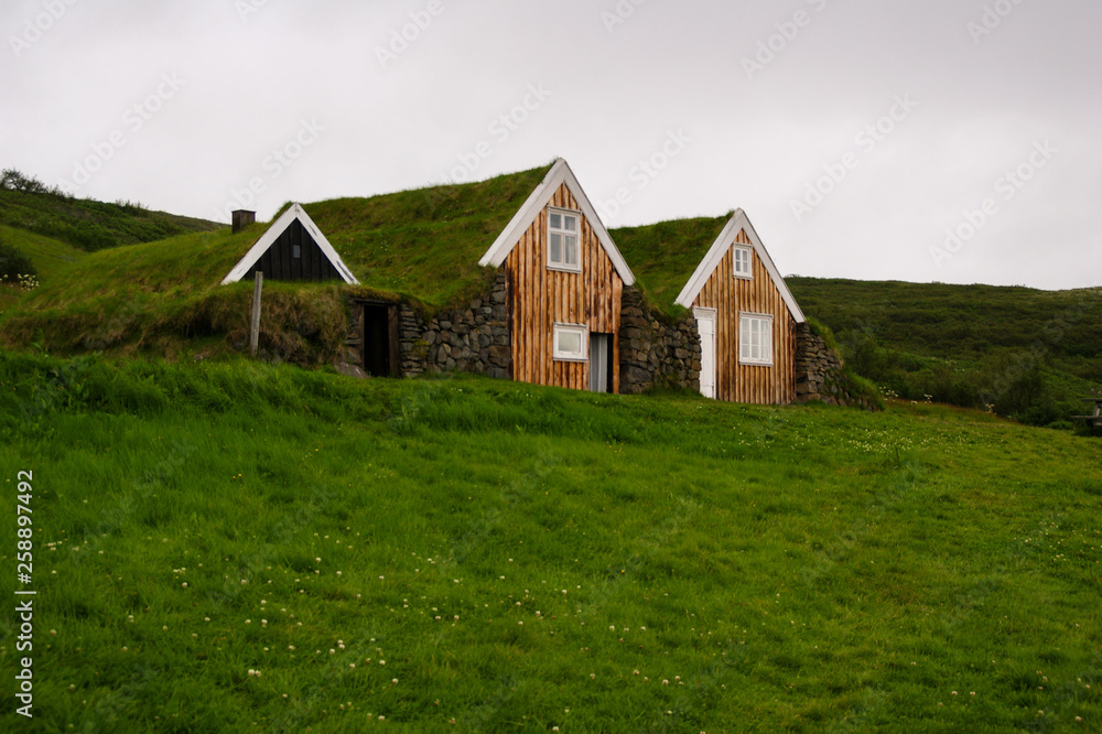 Obraz premium Icelandic traditional house covered with grass, in southern Iceland