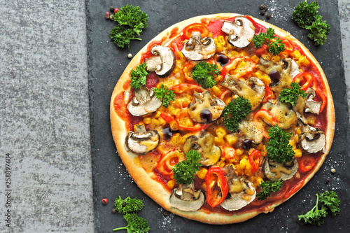 Healthy vegetarian pizza with mushrooms and vegetables. Keto diet. Keto pizza. photo