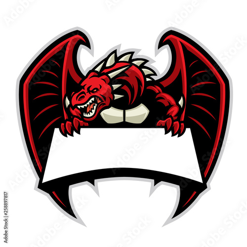 angry dragon mascot with blank signage for texr space