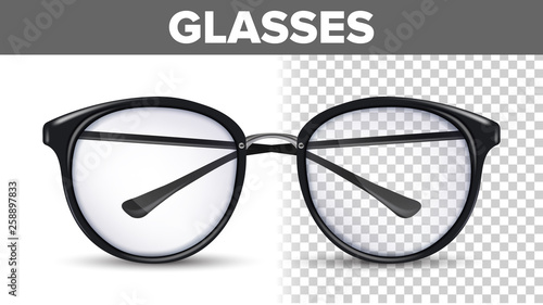 Woman Female Glasses Vector. Black Classic Eyewear Glasses. Vision Optical Lens. Transparent 3D Illustration