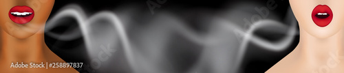 Woman with Red Lips Smoking Vape and Blowing Smoke