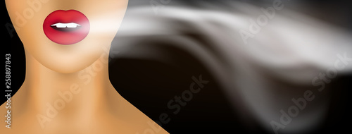 Woman with Red Lips Smoking Vape and Blowing Smoke
