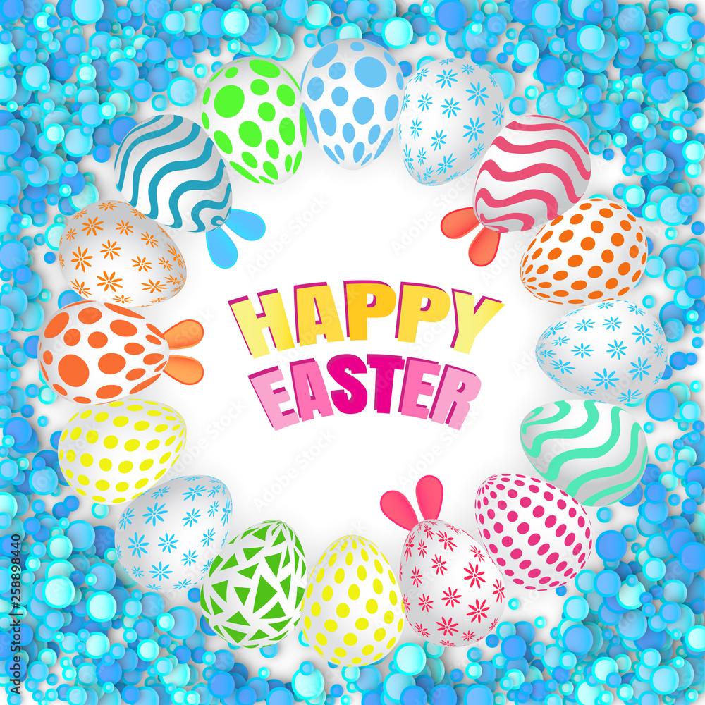 Happy Easter Background with Realistic Decorated Eggs - obrazy, fototapety, plakaty 