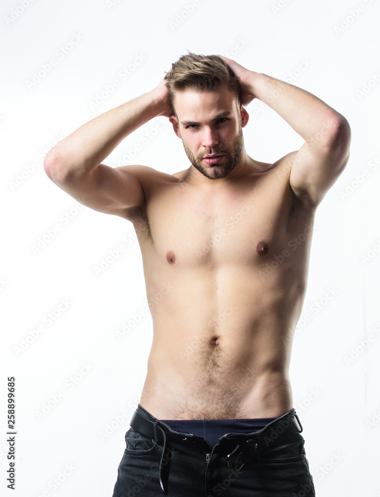 Man handsome sexy undressing. Hipster sexy muscular torso take off clothes. Sexual performance. Feeling so hot. Seductive macho feeling sexy. Attractive sexy body. Confident in his attractiveness