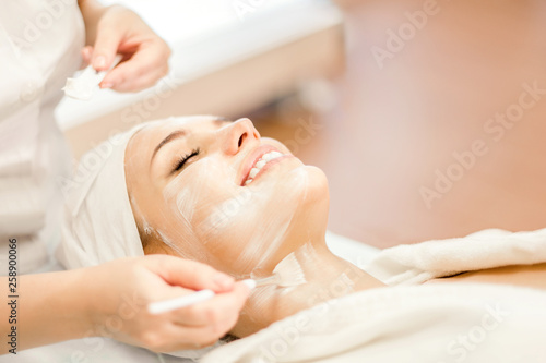 Cosmetology. The hands of a cosmetologist apply a cleansing mask for the face. Smiling girl on facial cleansing procedure.