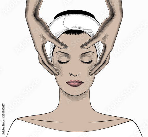 Spa facial Massage. Face Massage in beauty spa salon. Beautiful woman portrait. Vector Illustration.