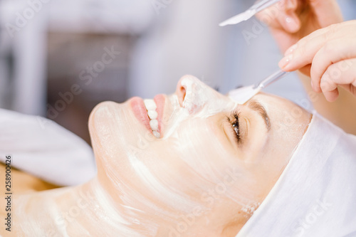 Cosmetology. The cosmetologist applies a cleansing face mask. Smiling girl on the procedure for facial rejuvenation.