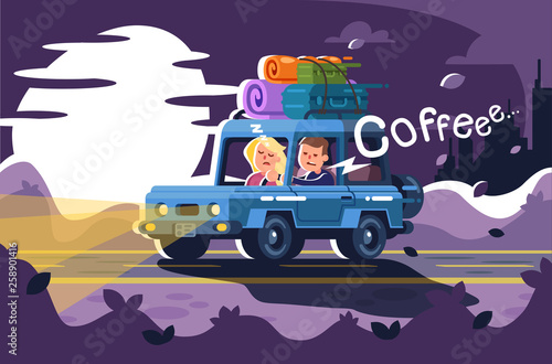 man tries not to fall asleep at the wheel and wants to drink coffee