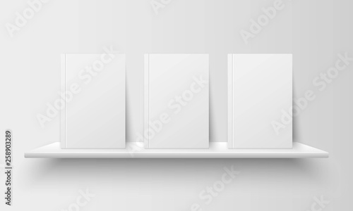 Realistic books with empty blank covers on bookshelf isolated on grey background. Mock up template for your design. Interior concept for library, school, office or home.