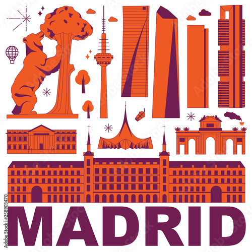 Madrid culture travel set, famous architectures and specialties in flat design. Business travel and tourism concept clipart. Image for presentation, banner, website, advert, flyer, roadmap, icons