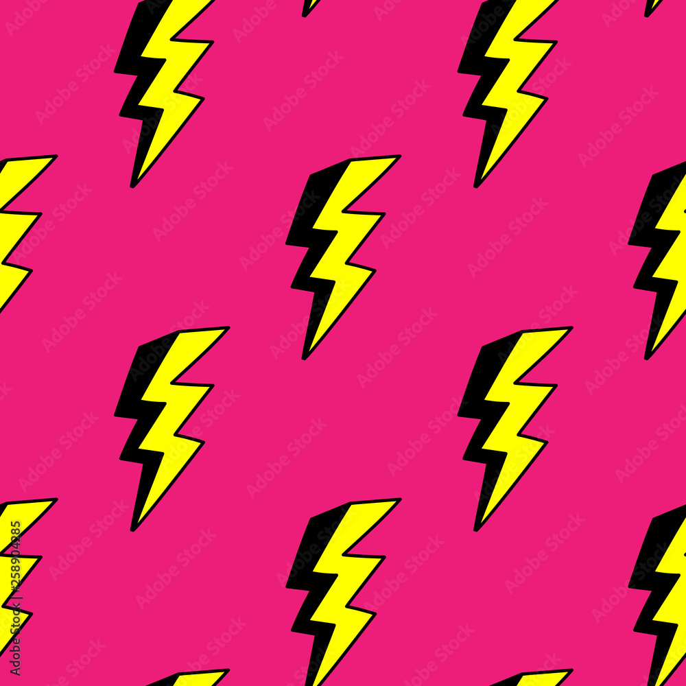 Lightning bolts seamless pattern in cartoon, comic style. Thunder