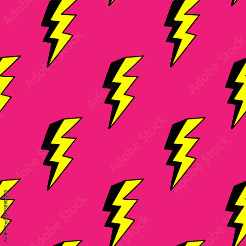 Lightning bolts seamless pattern in cartoon  comic style. Thunder lights wallpaper. Bright pink background.