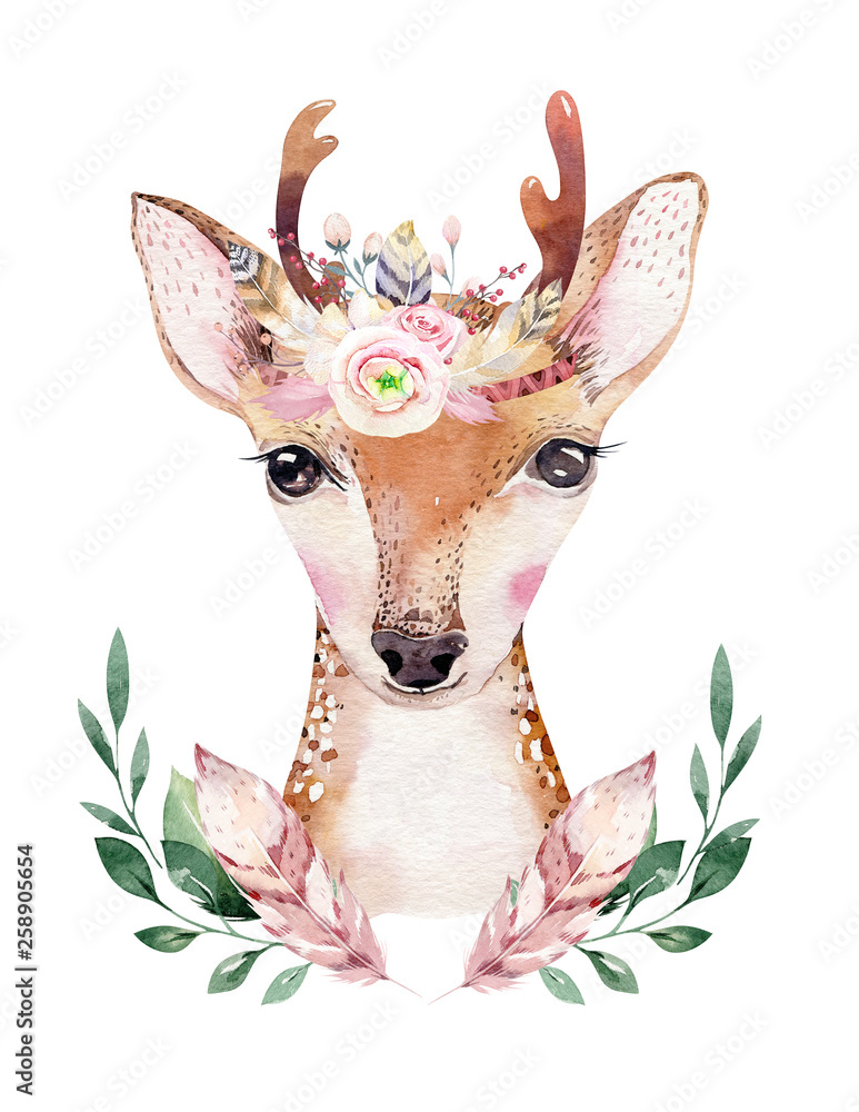 Watercolor cartoon isolated cute baby deer animal with flowers. Forest  nursery woodland illustration. Bohemian boho drawing for nursery poster,  pattern Stock Illustration | Adobe Stock