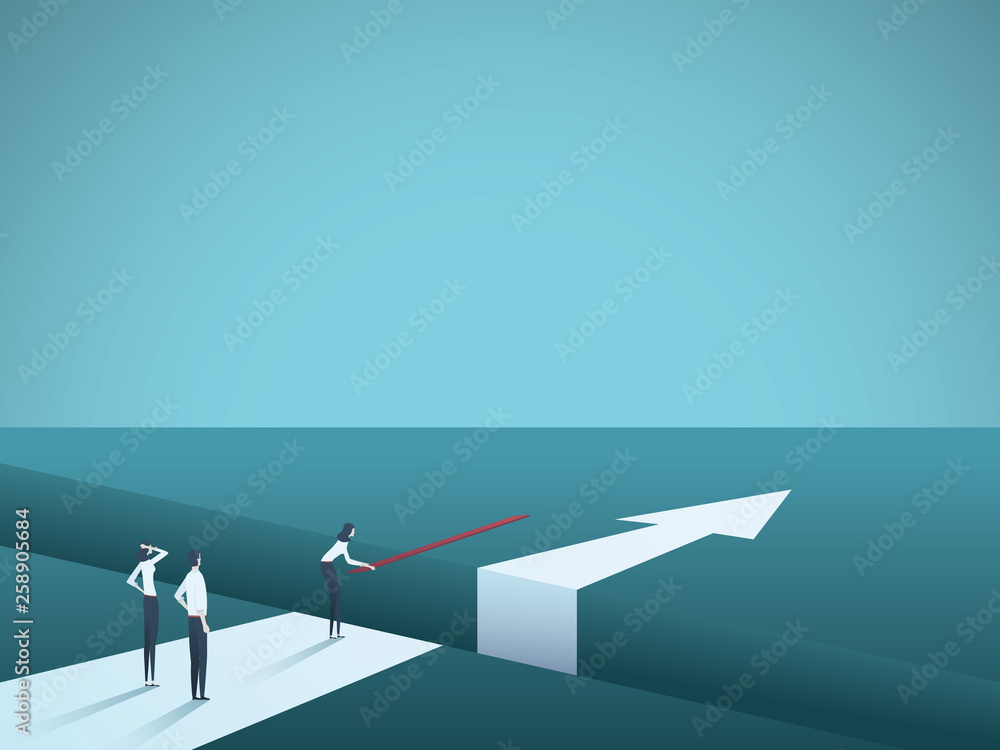 Business challenge overcome and finding solutions vector concept. Woman building bridge over gap. Symbol of creative teamwork, innovation, success and achievement. Business challenge overcome and finding solutions vector concept. Woman building bridge over gap. Symbol of creative teamwork, innovation, success and achievement.