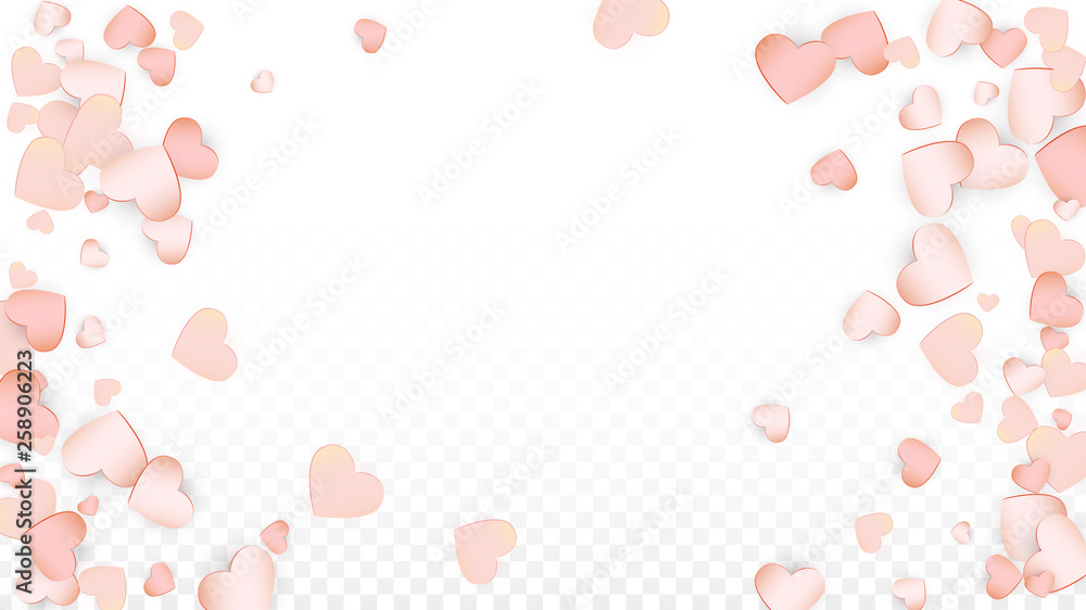 Love Hearts Confetti Falling Background. St. Valentine's Day pattern Romantic Scattered Hearts. Vector Illustration for Cards, Banners, Posters, Flyers for Wedding, Anniversary, Birthday Party, Sales.