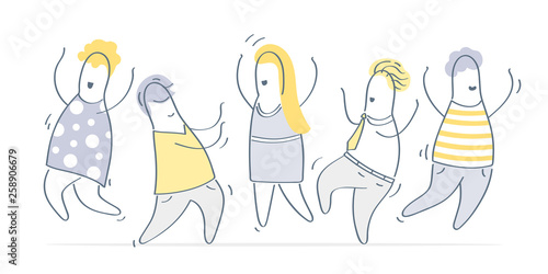 Group of happy cute dancing celebrating business people, outline male and female dancers on white background. Men and women having fun and enjoying dance party. Isolated cartoon vector illustration.