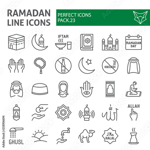 Ramadan line icon set, islamic symbols collection, vector sketches, logo illustrations, muslim signs linear pictograms package isolated on white background.