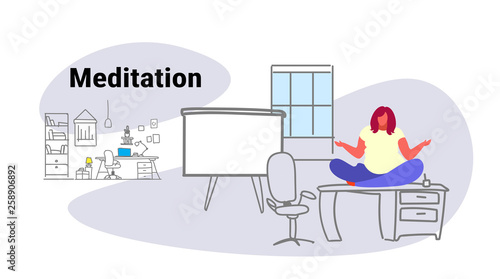 overweight obese woman sitting lotus pose on table workplace desk over size businesswoman keeping calm yoga meditation concept modern office interior sketch doodle horizontal