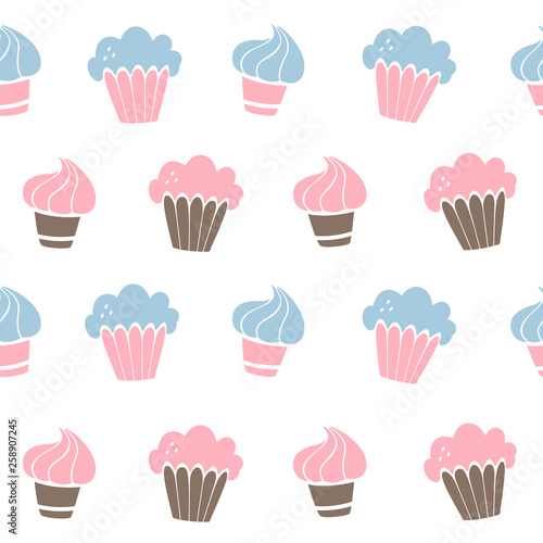 Vector seamless pattern with cakes, cupcakes, muffins in Doodle style, hand drawn style.