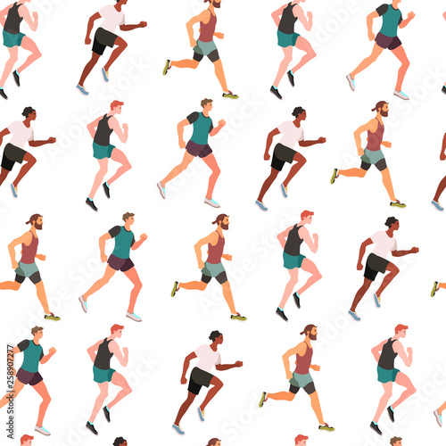 Jogging runners or marathon running group of men - flat vector illustration. Seamless pattern with runners.