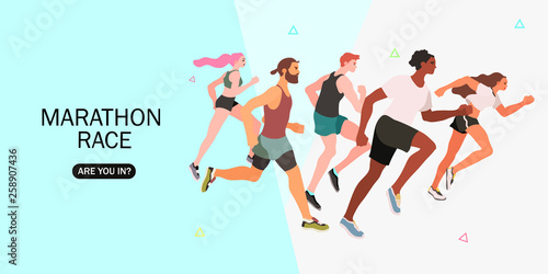 Marathon running group of men and women - flat vector illustration. Creative landing page and web banner design concept.