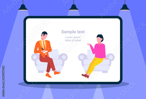 businessman taking notes asking questions and listening to candidate woman answers sitting in armchair job interview concept horizontal full length flat copy space