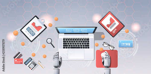 crypto currency trading bot block chain concept bitcoin mining robotic hands using laptop at workplace desk top angle view office stuff flat horizontal