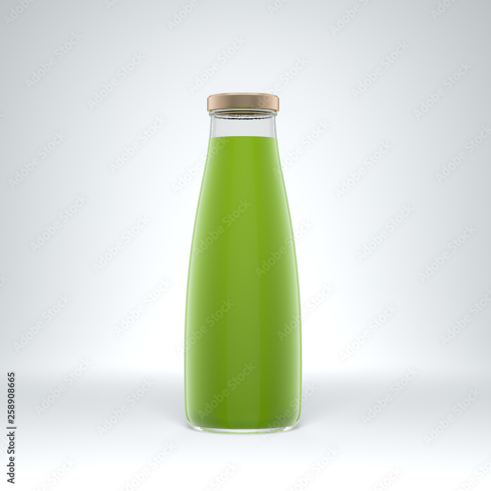 Transparent glass bottle filled by vegetable juice on the white background. Transparent glass bottle filled by vegetable juice on the white background.