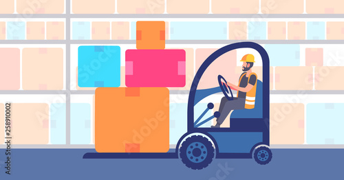 warehouse man worker in uniform driving forklift truck stacking cardboard boxes delivery and transportation logistic storage industry commercial business concept horizontal