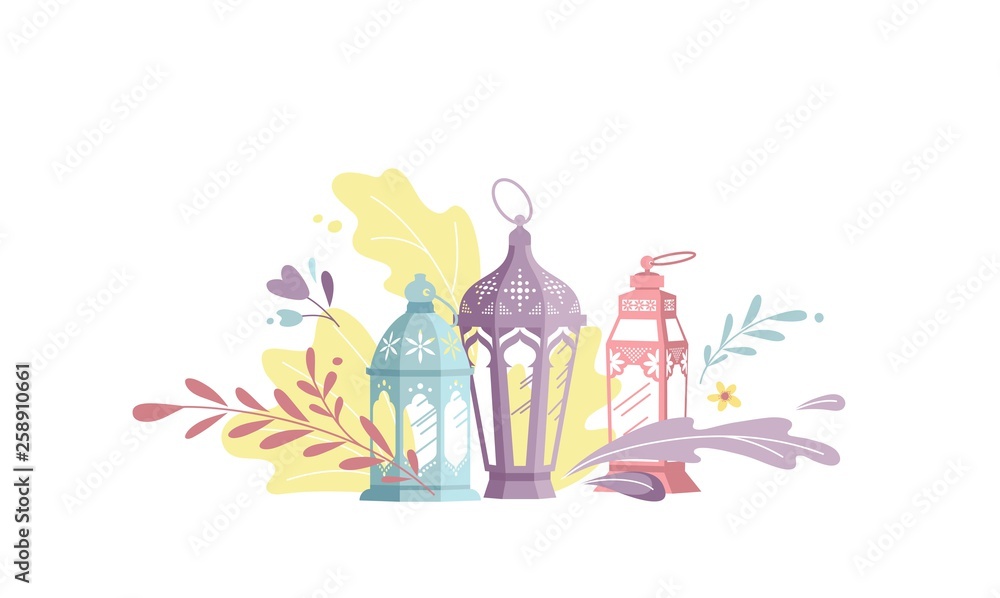 Hand Drawn Illustration of Ramadan Lanterns with Floral Elements on White Background. Vector Illustration