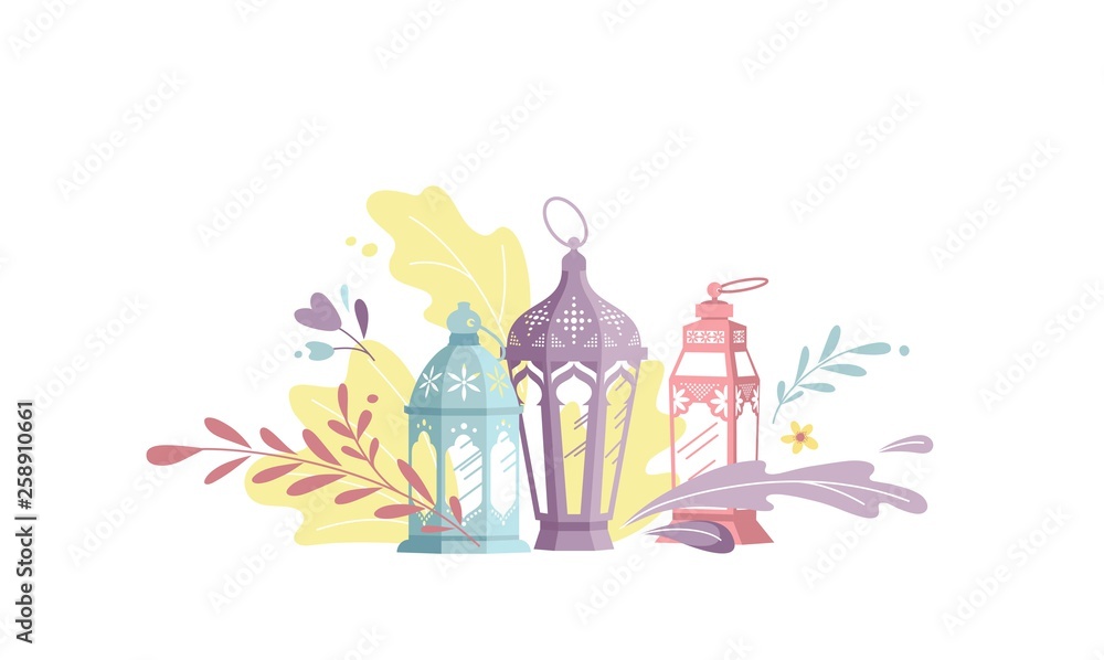 Hand Drawn Illustration of Ramadan Lanterns with Floral Elements on White Background. Vector Illustration Hand Drawn Illustration of Ramadan Lanterns with Floral Elements on White Background. Vector Illustration