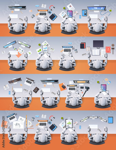 modern humanoid robots group sitting at desks in classroom school artificial intelligence concept robotic characters working process flat top angle view vertical