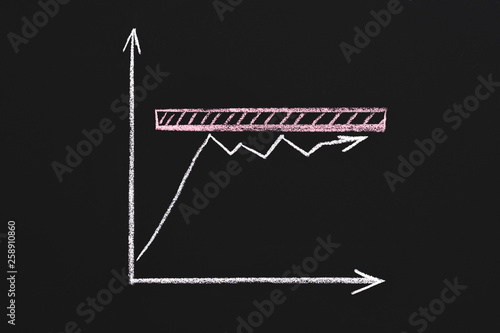 Business strategy. Slow progress. Bad management. Growth chart drawn in chalk on black background. Stagnation. photo