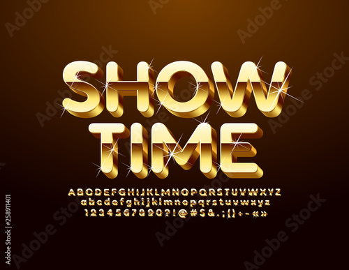 Vector Golden poster Show Time. 3D luxury Font with sparkling stars. Glittering elite Alphabet Letters, Numbers and Symbols