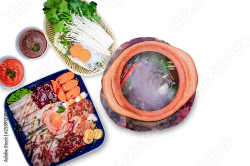 Delicious Shabu hot pot meat, pork seafood and vegetable on Isolated White background .Top view