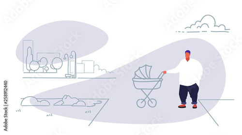 fat obese man with baby in pram walking city urban park happy family overweight father and child having fun outdoor cityscape background full length sketch horizontal