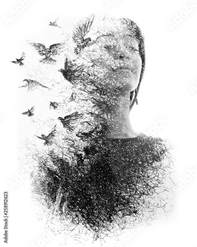 Paintography. Double Exposure portrait of an elegant woman with closed eyes combined with hand made pencil drawing of a flock of birds flying freely resembling photo