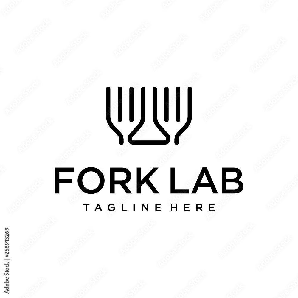 Simple line logo combination from fork with lab logo design concept Simple line logo combination from fork with lab logo design concept
