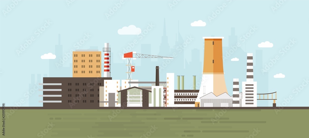 Industrial park, site, zone or area with manufacturing buildings and  facilities, power plants and factories, crane, cooling tower against city  skyline in background. Flat cartoon vector illustration. Stock Vector |  Adobe Stock