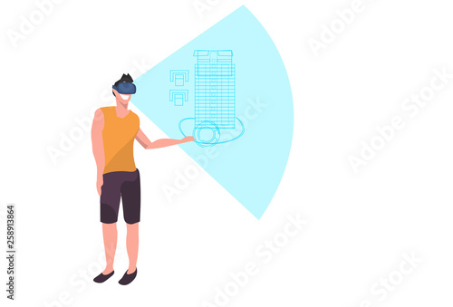 casual man engineer wearing digital glasses virtual reality building plan vr headset vision panning project concept house blueprint horizontal full length flat