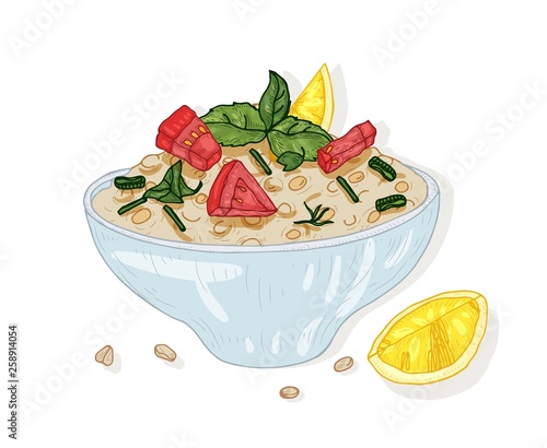 Tabbouleh salad in bowl isolated on white background