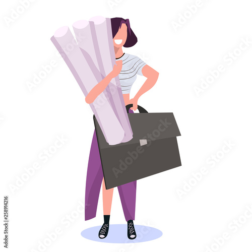woman architect holding rolled up blueprints happy female engineer panning project construction industry concept professional occupation full length flat