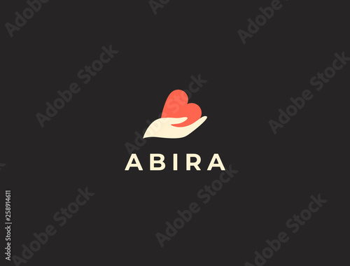 Hand with heart logo. Love, care, sharing, charity, medicine symbol. Valentines day logotype. Abstract medical health logo. Foundation logotype.